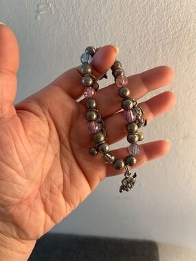 Sterling-Style Silver Bead Bracelet with Pink & Purple Glass Accents